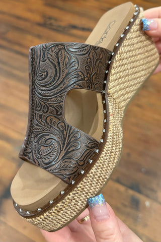 KISS N TELL Chocolate Embossed Wedges By Corkys-Women's Shoes-Corkys-Gallop 'n Glitz- Women's Western Wear Boutique, Located in Grants Pass, Oregon