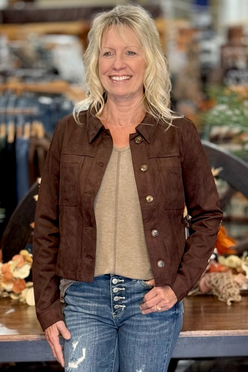 Matilda Chocolate Crop Trucker Jacket by Kut From The Kloth-Jacket-Kut From The Kloth-Gallop 'n Glitz- Women's Western Wear Boutique, Located in Grants Pass, Oregon