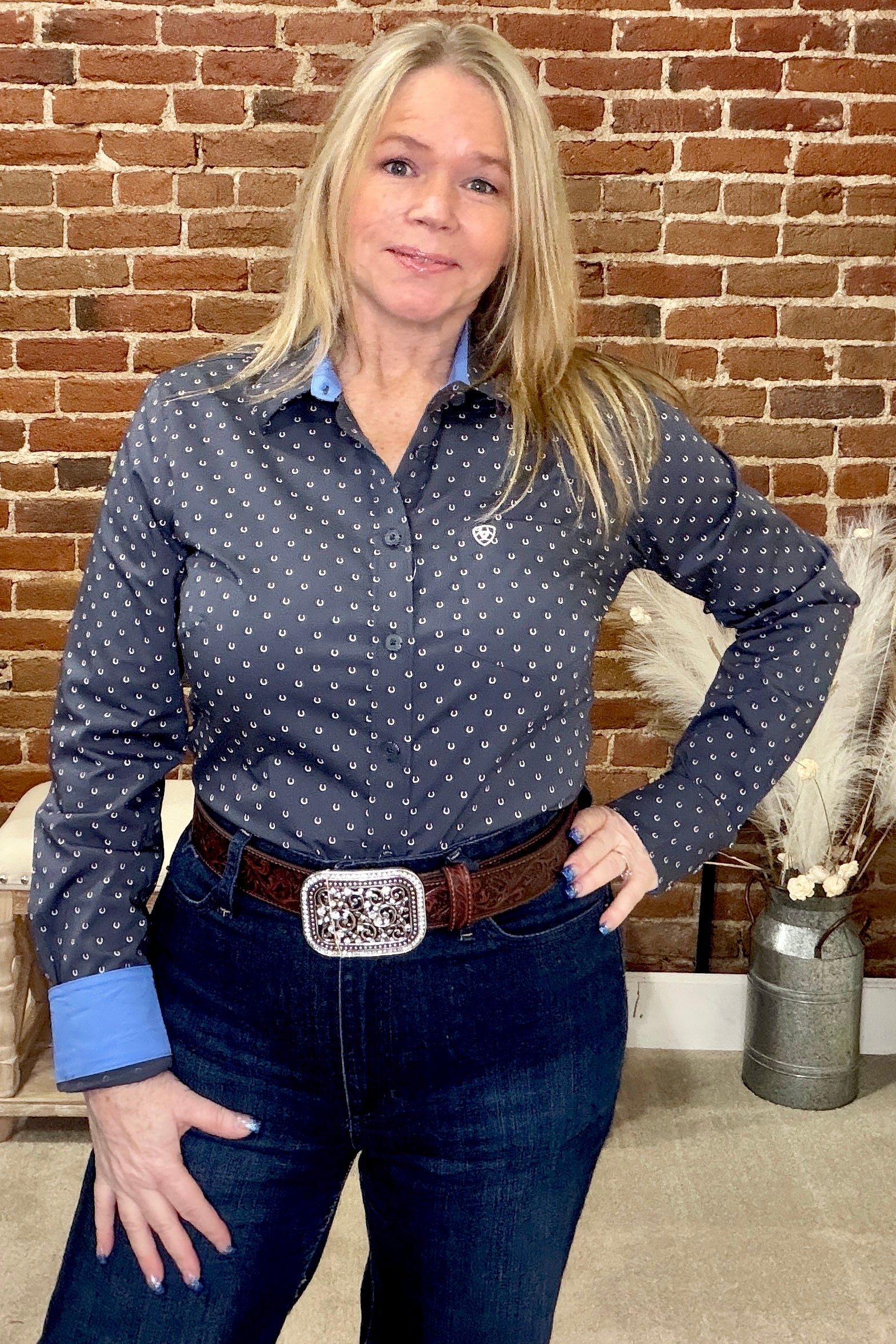Women’s Horseshoe Print Kirby Shirt by Ariat-Top-Ariat-Gallop 'n Glitz- Women's Western Wear Boutique, Located in Grants Pass, Oregon