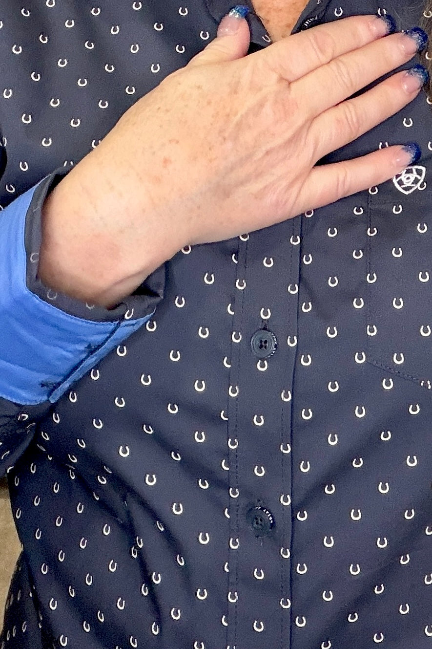 Women’s Horseshoe Print Kirby Shirt by Ariat-Top-Ariat-Gallop 'n Glitz- Women's Western Wear Boutique, Located in Grants Pass, Oregon