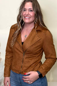 Trailblazer Light Brown Embroidered Moto Jacket-Jacket-Montana Co-Gallop 'n Glitz- Women's Western Wear Boutique, Located in Grants Pass, Oregon