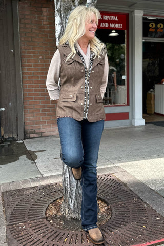 Faux Leather Vest with Leopard Trims and Hood-Vest-Montana Co-Gallop 'n Glitz- Women's Western Wear Boutique, Located in Grants Pass, Oregon