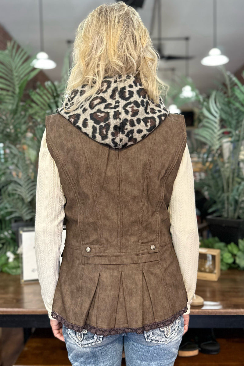 Faux Leather Brown Vest with Wool Inset Hood by Gallop 'n Glitz-Vest-Gallop 'n Glitz-Gallop 'n Glitz- Women's Western Wear Boutique, Located in Grants Pass, Oregon