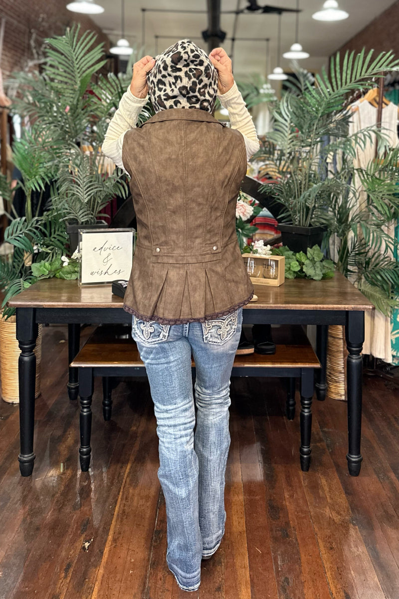 Faux Leather Brown Vest with Wool Inset Hood by Gallop 'n Glitz-Vest-Gallop 'n Glitz-Gallop 'n Glitz- Women's Western Wear Boutique, Located in Grants Pass, Oregon