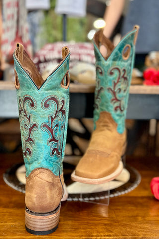 Circle G by Corral Women's Honey & Turquoise Inlay Embroidery Square Toe Boots-Women's Boot-Circle G Boots-Gallop 'n Glitz- Women's Western Wear Boutique, Located in Grants Pass, Oregon