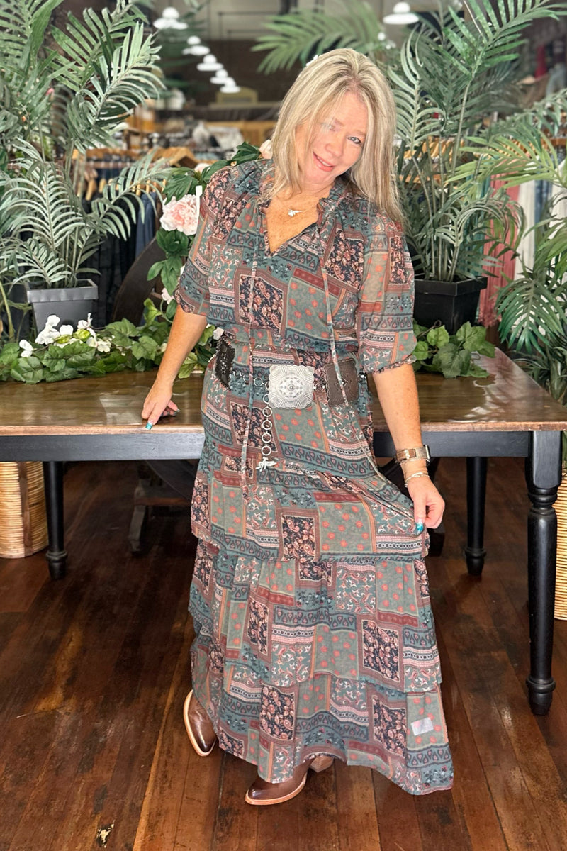 Olive Green Print Tiered Dress by Panhandle-top-Panhandle-Gallop 'n Glitz- Women's Western Wear Boutique, Located in Grants Pass, Oregon