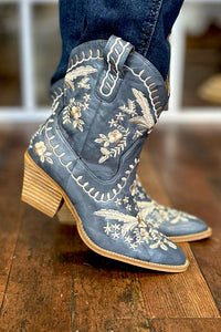 Lets Go Girls Floral Shortie Boot by Corkys Blue-Women's Shoes-Corkys-Gallop 'n Glitz- Women's Western Wear Boutique, Located in Grants Pass, Oregon