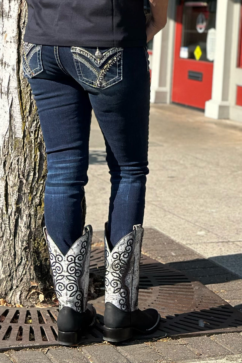 Miss Me Mid Rise "Golden X" Denim Skinny Jean-Skinny-Miss Me-Gallop 'n Glitz- Women's Western Wear Boutique, Located in Grants Pass, Oregon