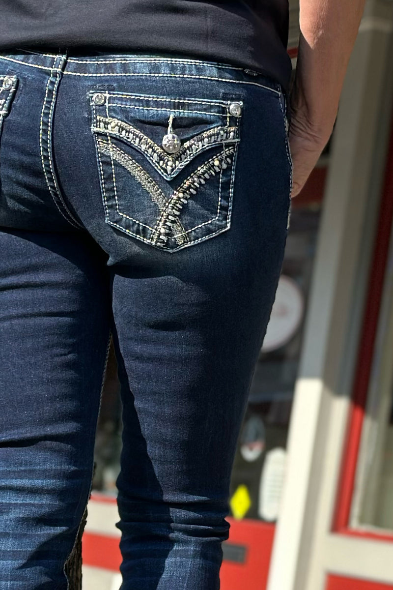 Miss Me Mid Rise "Golden X" Denim Skinny Jean-Skinny-Miss Me-Gallop 'n Glitz- Women's Western Wear Boutique, Located in Grants Pass, Oregon