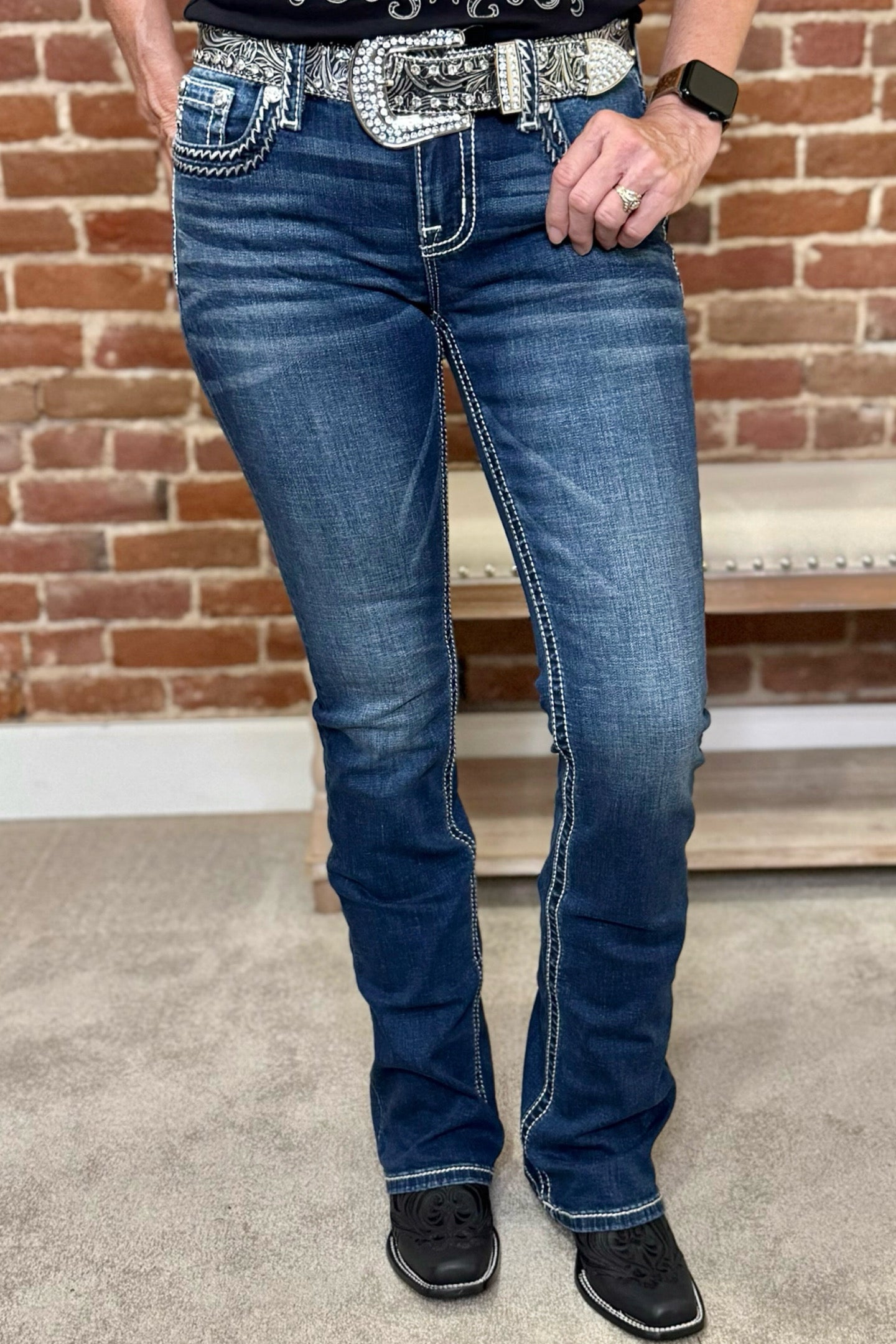Silver Whip Stitch Mid Rise Bootcut Jean by Miss Me-Bootcut-Miss Me-Gallop 'n Glitz- Women's Western Wear Boutique, Located in Grants Pass, Oregon