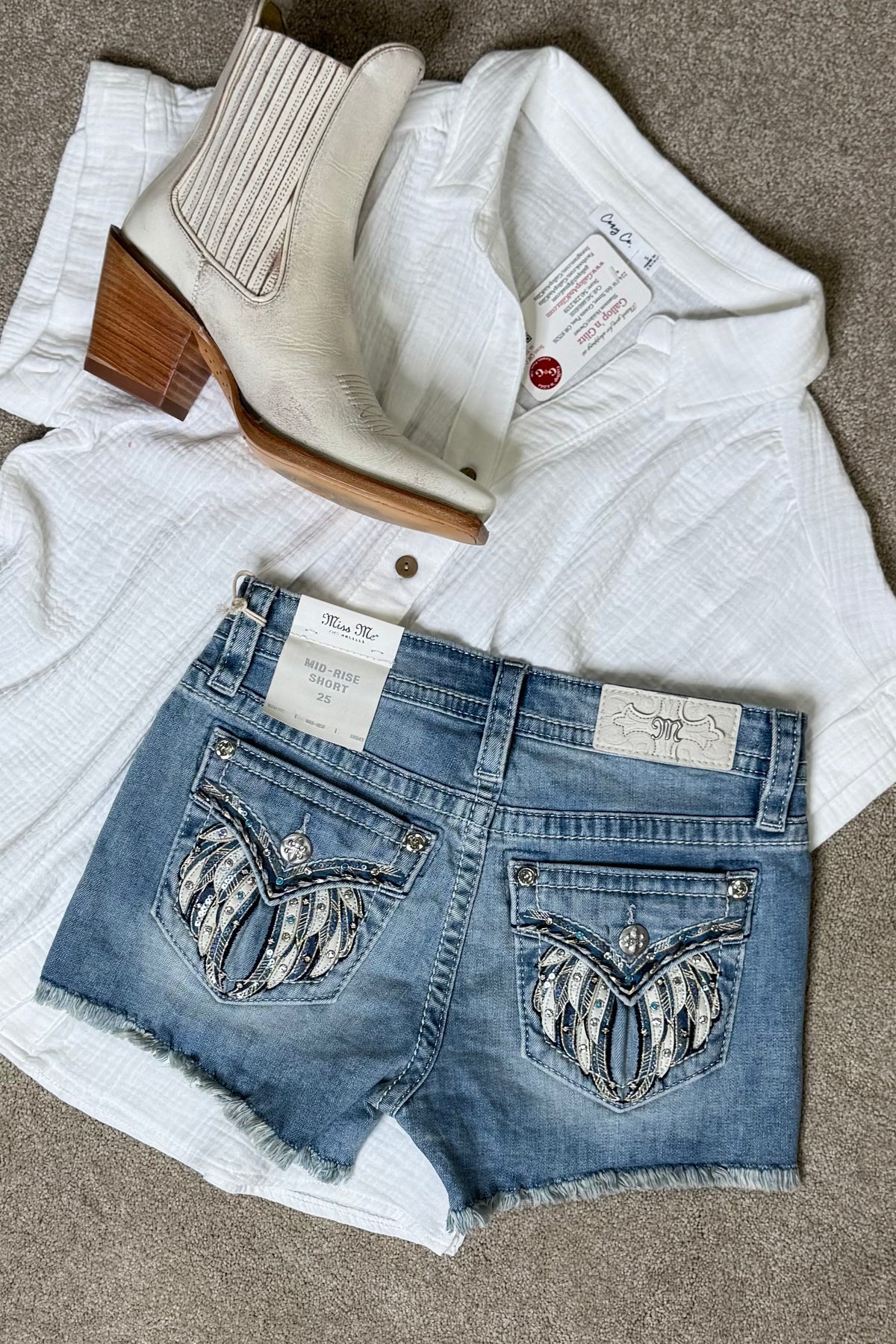 Turquoise Feather Denim Short by Miss Me-Shorts-Miss Me-Gallop 'n Glitz- Women's Western Wear Boutique, Located in Grants Pass, Oregon