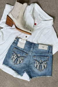 Turquoise Feather Denim Short by Miss Me-Shorts-Miss Me-Gallop 'n Glitz- Women's Western Wear Boutique, Located in Grants Pass, Oregon