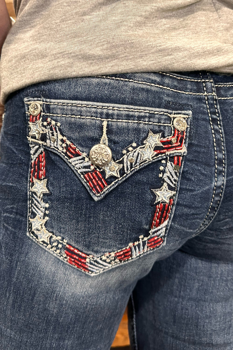 Americana Stars & Stripes Mid Rise Bootcut Jean by Miss Me-Bootcut-Miss Me-Gallop 'n Glitz- Women's Western Wear Boutique, Located in Grants Pass, Oregon