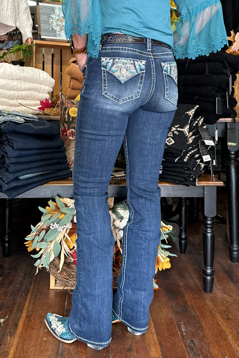 Miss Me Turquoise Dreamin' Mid Rise Slim Bootcut Jean-Bootcut-Miss Me-Gallop 'n Glitz- Women's Western Wear Boutique, Located in Grants Pass, Oregon