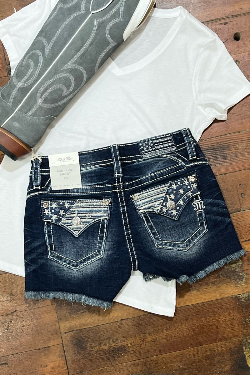 Americana Flap Denim Shorts by Miss Me-Shorts-Miss Me-Gallop 'n Glitz- Women's Western Wear Boutique, Located in Grants Pass, Oregon