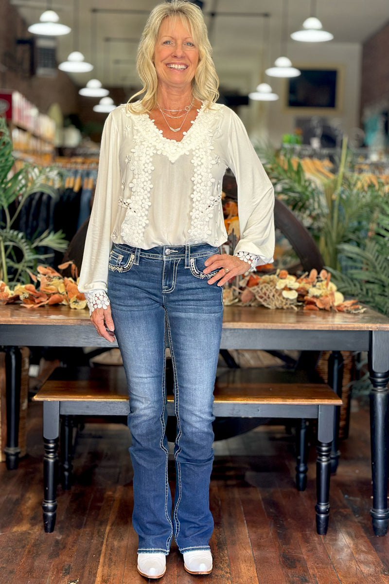 All In Border Stitch Mid Rise Bootcut Jean by Miss Me-Bootcut-Miss Me-Gallop 'n Glitz- Women's Western Wear Boutique, Located in Grants Pass, Oregon