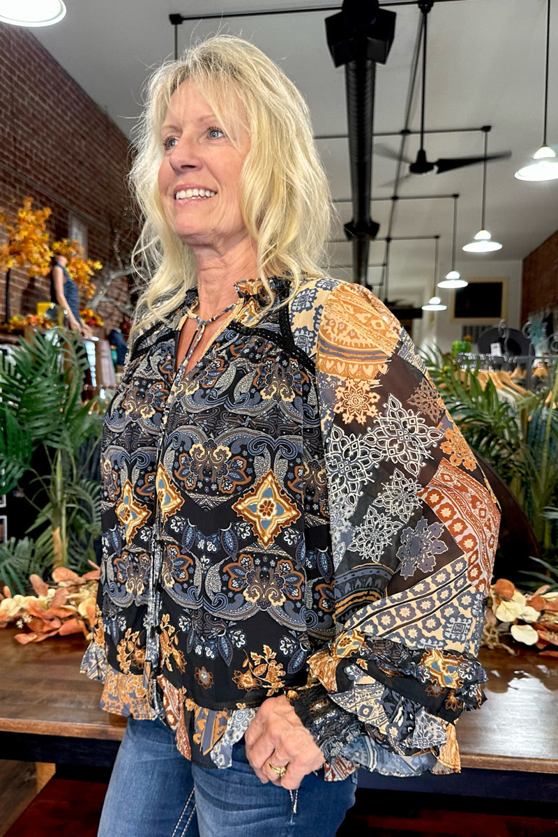 Tiered Black Multi Pattern Boho Top-Top-Miss Me-Gallop 'n Glitz- Women's Western Wear Boutique, Located in Grants Pass, Oregon