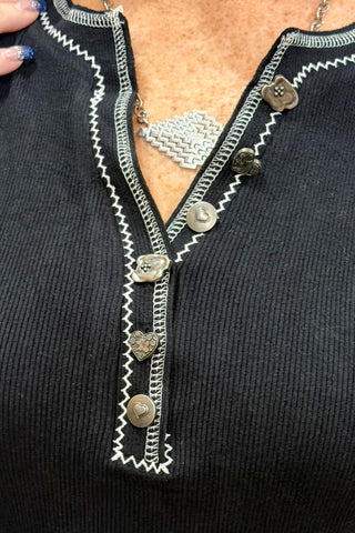 Silver Hearts Henley Top By Miss Me-Top-Miss Me-Gallop 'n Glitz- Women's Western Wear Boutique, Located in Grants Pass, Oregon