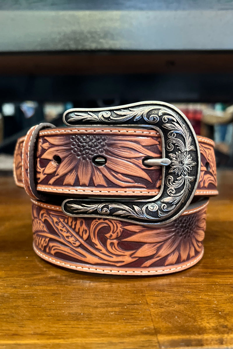 Women's Brown Tooled Sunflower Belt-Belt-M&F-Gallop 'n Glitz- Women's Western Wear Boutique, Located in Grants Pass, Oregon