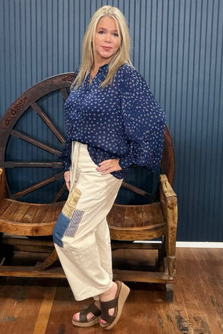 Navy Heart Print Long Sleeve Blouse-Top-ee:some-Gallop 'n Glitz- Women's Western Wear Boutique, Located in Grants Pass, Oregon
