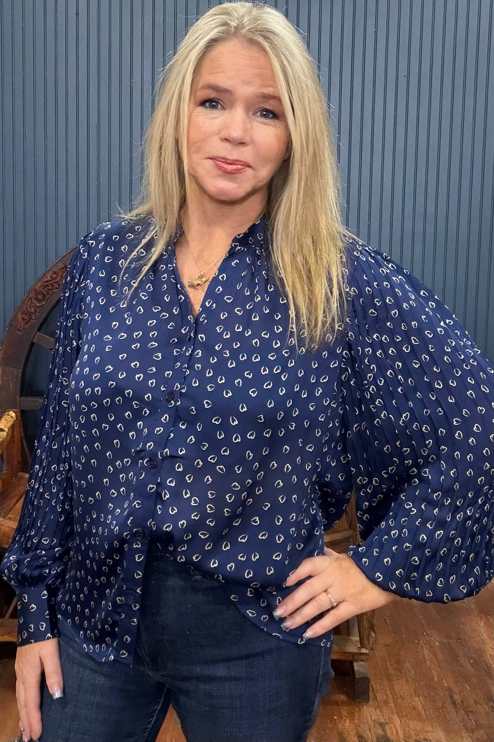 Navy Heart Print Long Sleeve Blouse-Top-ee:some-Gallop 'n Glitz- Women's Western Wear Boutique, Located in Grants Pass, Oregon