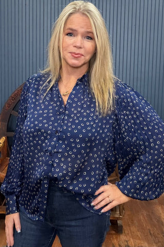 Navy Heart Print Long Sleeve Blouse-Top-ee:some-Gallop 'n Glitz- Women's Western Wear Boutique, Located in Grants Pass, Oregon