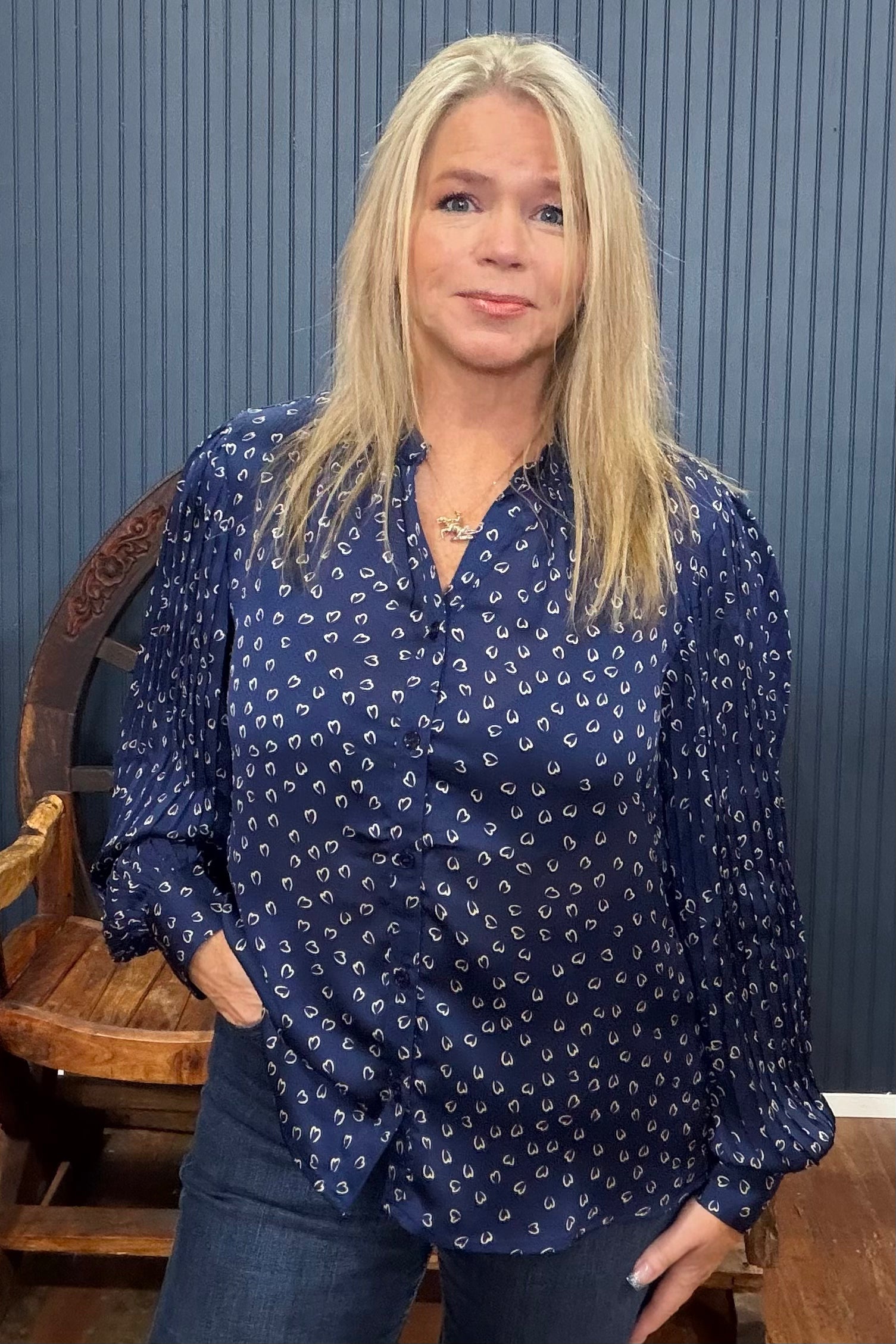 Navy Heart Print Long Sleeve Blouse-Top-ee:some-Gallop 'n Glitz- Women's Western Wear Boutique, Located in Grants Pass, Oregon