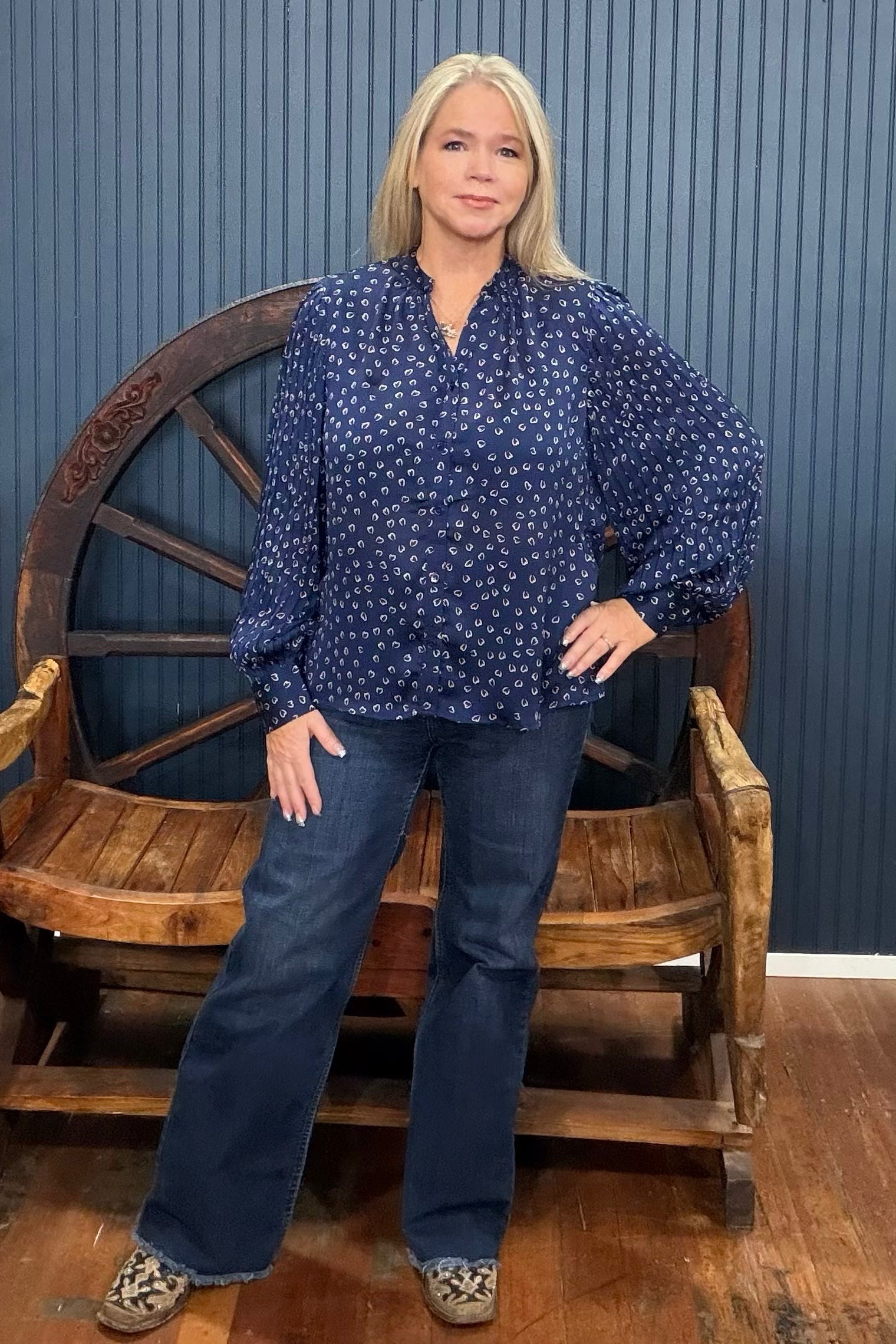 Navy Heart Print Long Sleeve Blouse-Top-ee:some-Gallop 'n Glitz- Women's Western Wear Boutique, Located in Grants Pass, Oregon