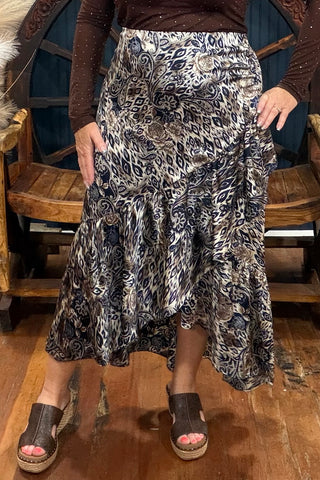 Cream/Navy Mixed Print Ruffle Skirt-Skirt-ee:some-Gallop 'n Glitz- Women's Western Wear Boutique, Located in Grants Pass, Oregon