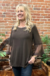 Lace Bell Sleeve Brown Tunic by Origami Apparel-top-Origami-Gallop 'n Glitz- Women's Western Wear Boutique, Located in Grants Pass, Oregon