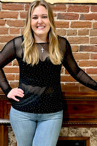 Black Rhinestone Long Sleeve Mesh Top-Mesh Top-Origami-Gallop 'n Glitz- Women's Western Wear Boutique, Located in Grants Pass, Oregon