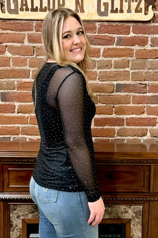 Black Rhinestone Long Sleeve Mesh Top-Mesh Top-Origami-Gallop 'n Glitz- Women's Western Wear Boutique, Located in Grants Pass, Oregon