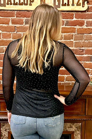 Black Rhinestone Long Sleeve Mesh Top-Mesh Top-Origami-Gallop 'n Glitz- Women's Western Wear Boutique, Located in Grants Pass, Oregon