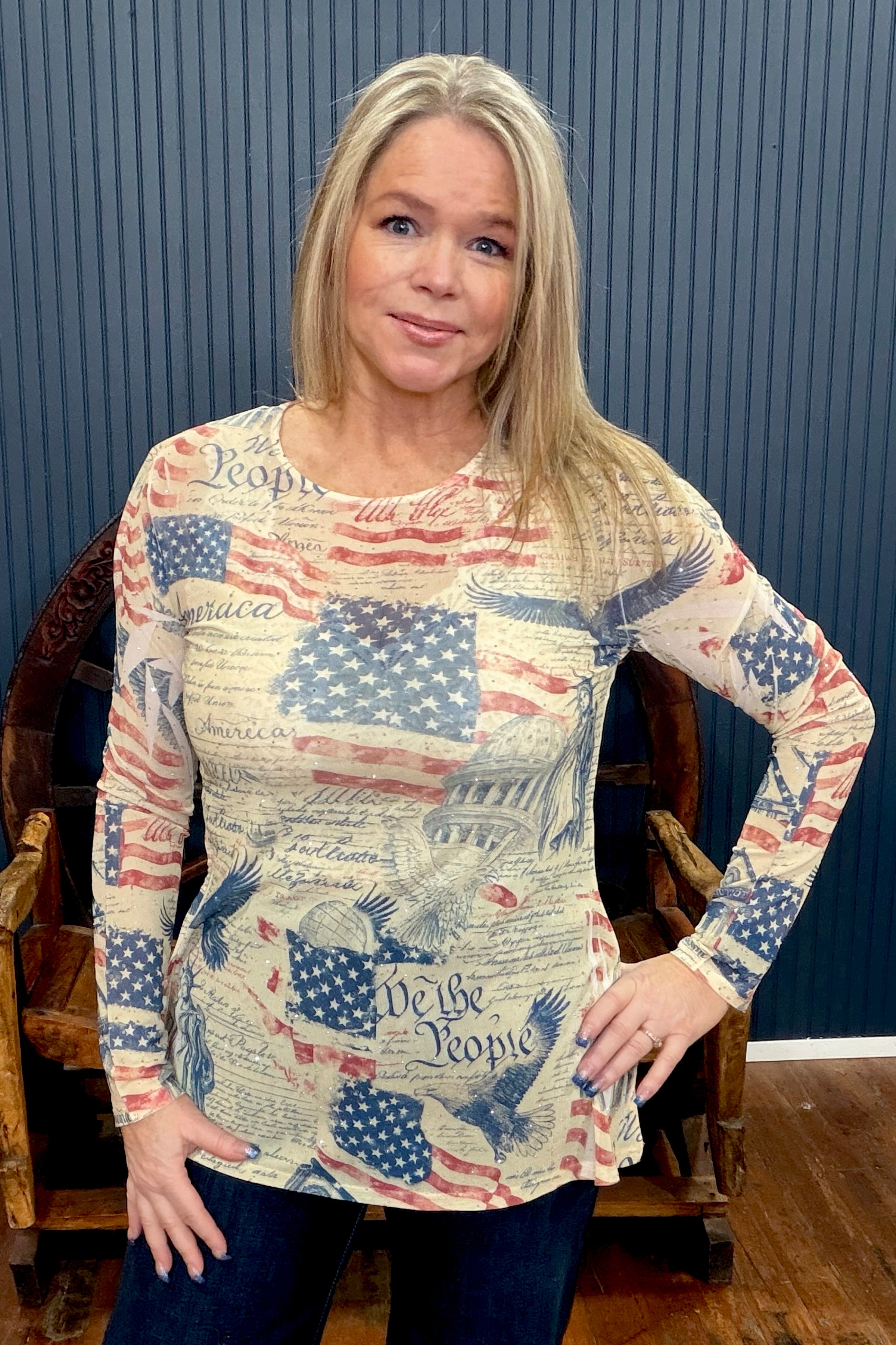 Freedom Sparkle Mesh Top-Mesh Top-Origami-Gallop 'n Glitz- Women's Western Wear Boutique, Located in Grants Pass, Oregon