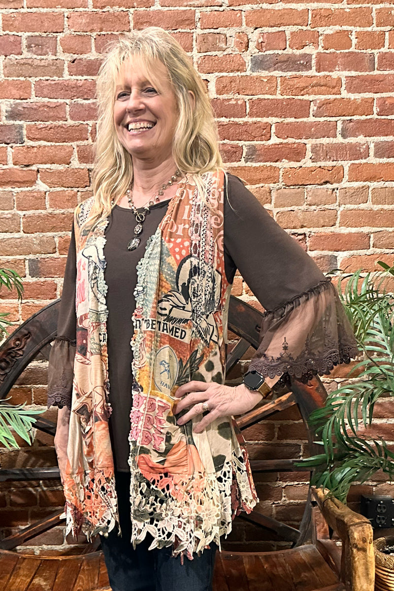 Lace Bell Sleeve Brown Tunic by Origami Apparel-top-Origami-Gallop 'n Glitz- Women's Western Wear Boutique, Located in Grants Pass, Oregon