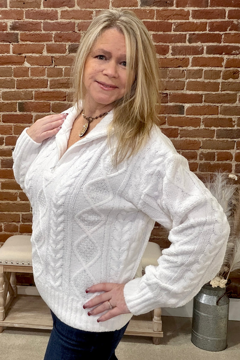 Summit Zip Cable Knit Sweater by PJ Salvage-Ivory-top-PJ Salvage-Gallop 'n Glitz- Women's Western Wear Boutique, Located in Grants Pass, Oregon