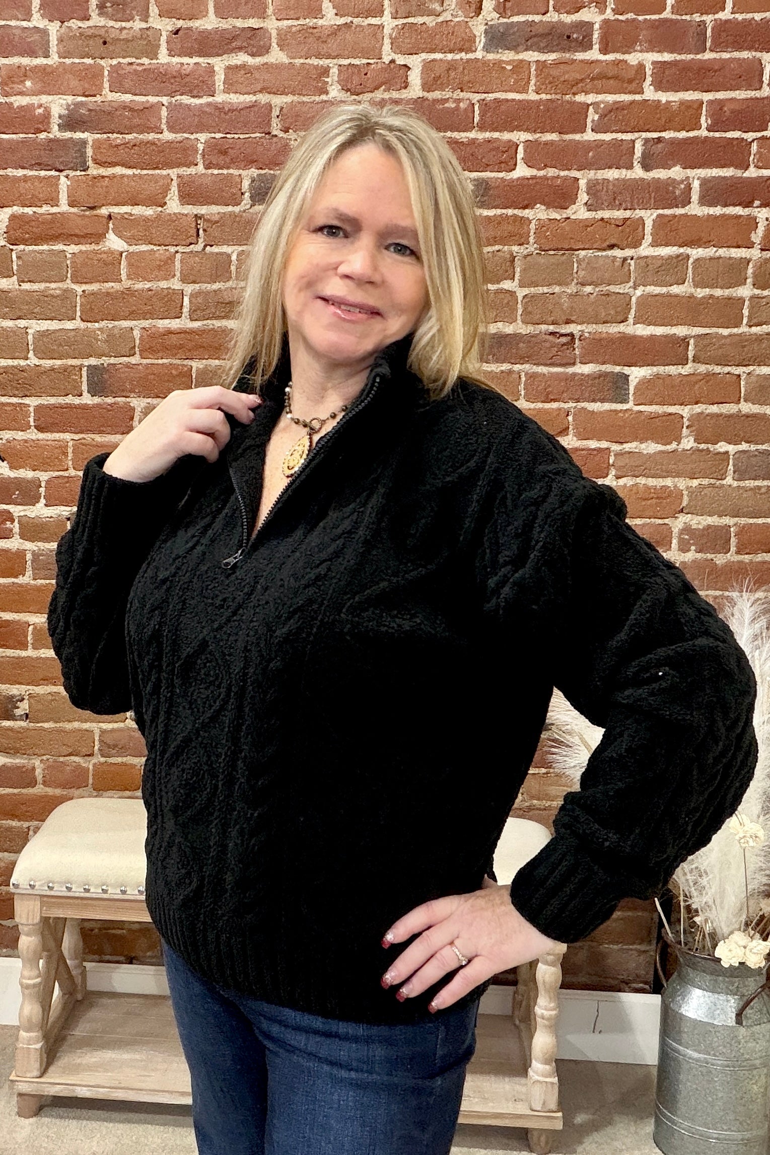 Summit Zip Cable Knit Sweater by PJ Salvage-Black-top-PJ Salvage-Gallop 'n Glitz- Women's Western Wear Boutique, Located in Grants Pass, Oregon