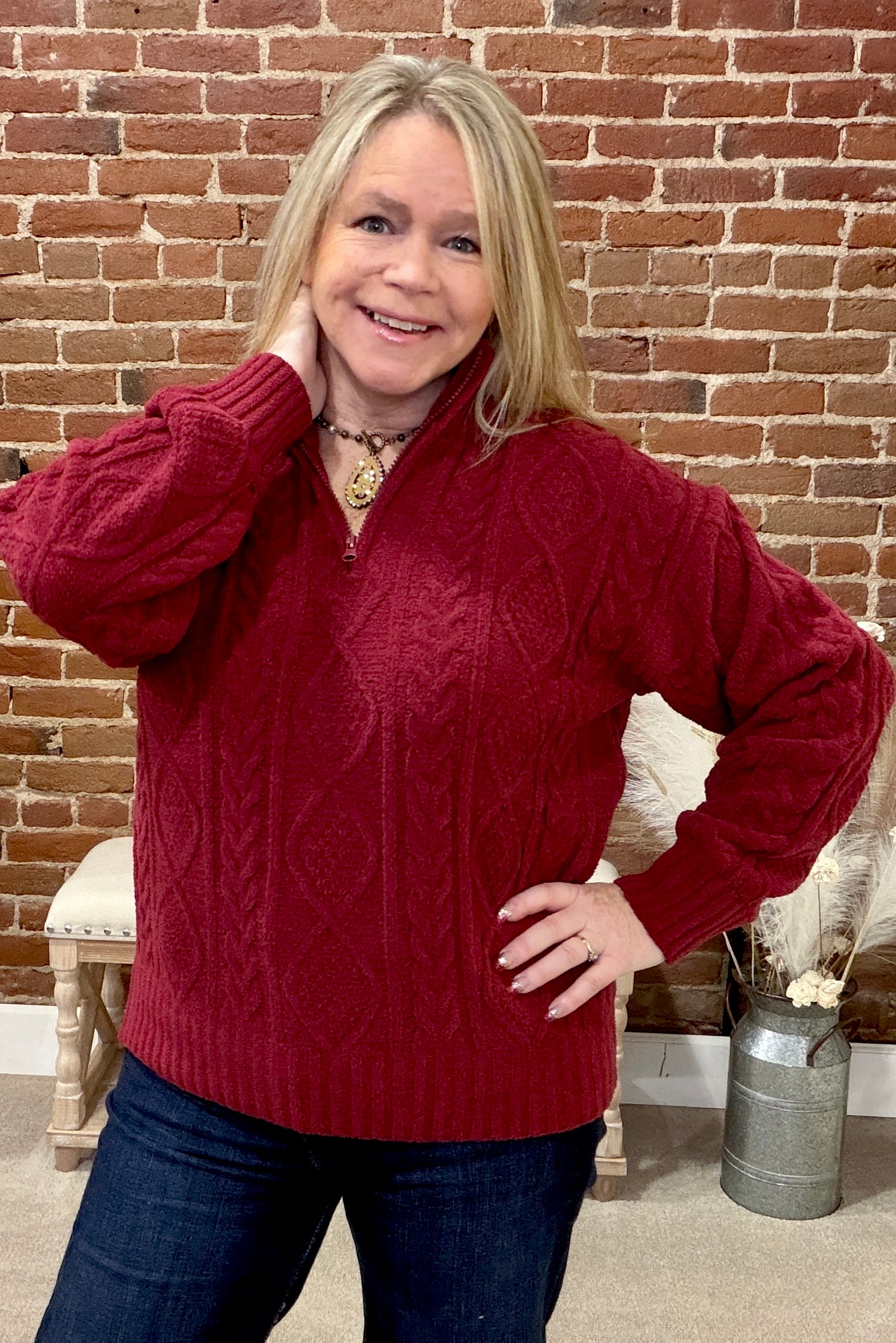 Summit Zip Cable Knit Sweater by PJ Salvage-Wine-top-PJ Salvage-Gallop 'n Glitz- Women's Western Wear Boutique, Located in Grants Pass, Oregon
