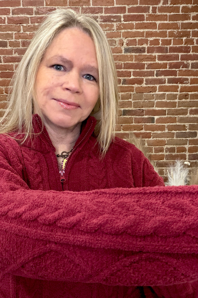 Summit Zip Cable Knit Sweater by PJ Salvage-Wine-top-PJ Salvage-Gallop 'n Glitz- Women's Western Wear Boutique, Located in Grants Pass, Oregon