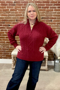 Summit Zip Cable Knit Sweater by PJ Salvage-Wine-top-PJ Salvage-Gallop 'n Glitz- Women's Western Wear Boutique, Located in Grants Pass, Oregon