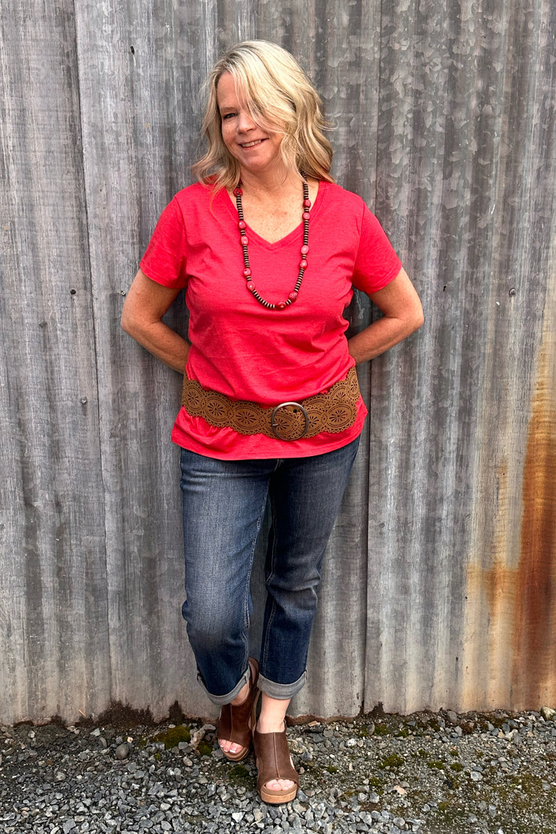 Women's BEST EVER V-Neck Tee - Red Frost-top-Sanmar-Gallop 'n Glitz- Women's Western Wear Boutique, Located in Grants Pass, Oregon