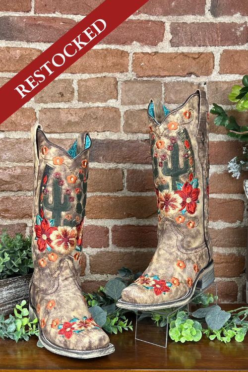 Cactus and Floral Embroidered Square Toe Boot by Corral Boots-Women's Boot-Corral Boots-Gallop 'n Glitz- Women's Western Wear Boutique, Located in Grants Pass, Oregon