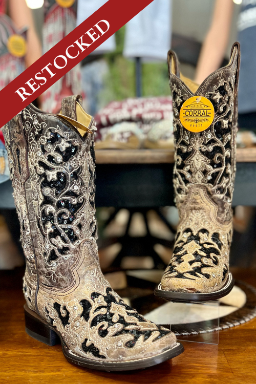 Corral Floral Embroidered Sequin Inlay Square Toe Boot-Women's Boot-Corral Boots-Gallop 'n Glitz- Women's Western Wear Boutique, Located in Grants Pass, Oregon