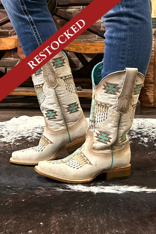 Ladies White w/Brown & Turquoise Embroidery Square Toe by Corral Boots-Women's Boot-Corral Boots-Gallop 'n Glitz- Women's Western Wear Boutique, Located in Grants Pass, Oregon