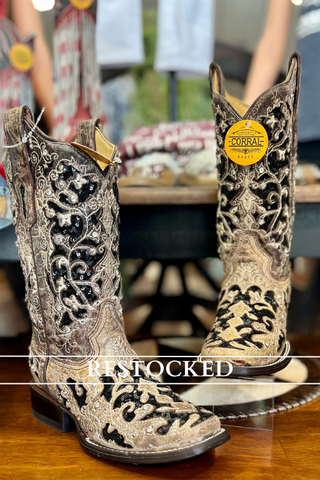 Corral Floral Embroidered Sequin Inlay Square Toe Boot-Women's Boot-Corral Boots-Gallop 'n Glitz- Women's Western Wear Boutique, Located in Grants Pass, Oregon