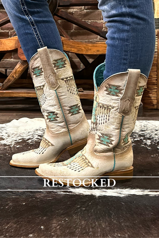Ladies White w/Brown & Turquoise Embroidery Square Toe by Corral Boots-Women's Boot-Corral Boots-Gallop 'n Glitz- Women's Western Wear Boutique, Located in Grants Pass, Oregon