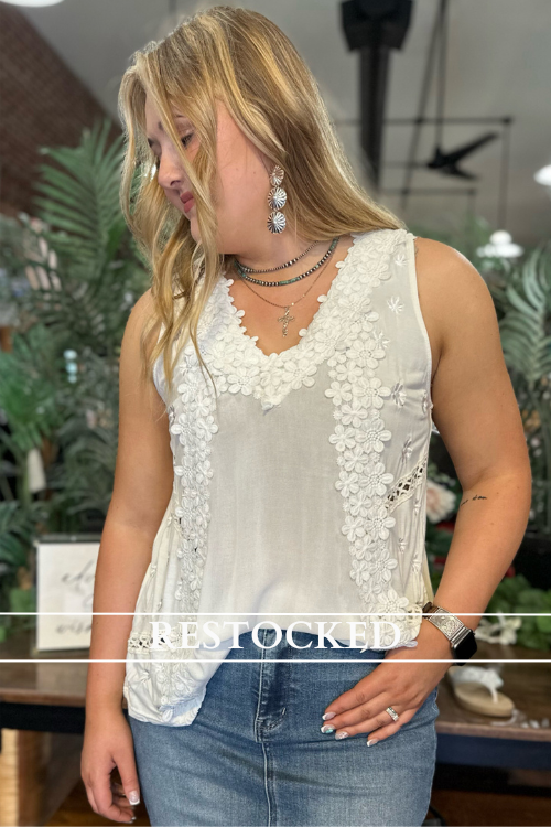 Floral Embroidered Sleeveless Top by POL-top-POL-Gallop 'n Glitz- Women's Western Wear Boutique, Located in Grants Pass, Oregon