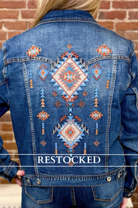 Denim Aztec Design Jacket by Grace in LA-Jacket-Grace in LA-Gallop 'n Glitz- Women's Western Wear Boutique, Located in Grants Pass, Oregon
