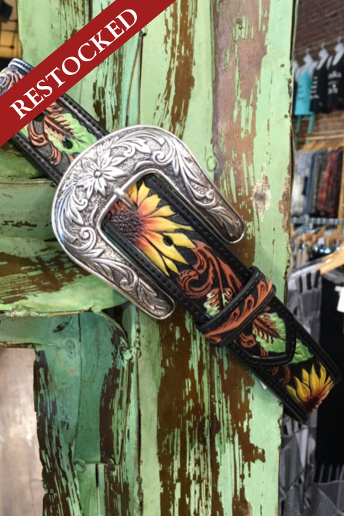 Women's Sunflower Tooled Belt-Belt-M&F-Gallop 'n Glitz- Women's Western Wear Boutique, Located in Grants Pass, Oregon