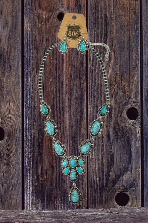 Turquoise Stone Concho Necklace Set-Jewelry-Pink Panache-Gallop 'n Glitz- Women's Western Wear Boutique, Located in Grants Pass, Oregon